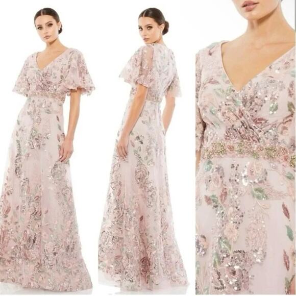 Mac Duggal 67880 Floral Embellished Short Sleeve Gown, Size 14, New w/ Tag $498